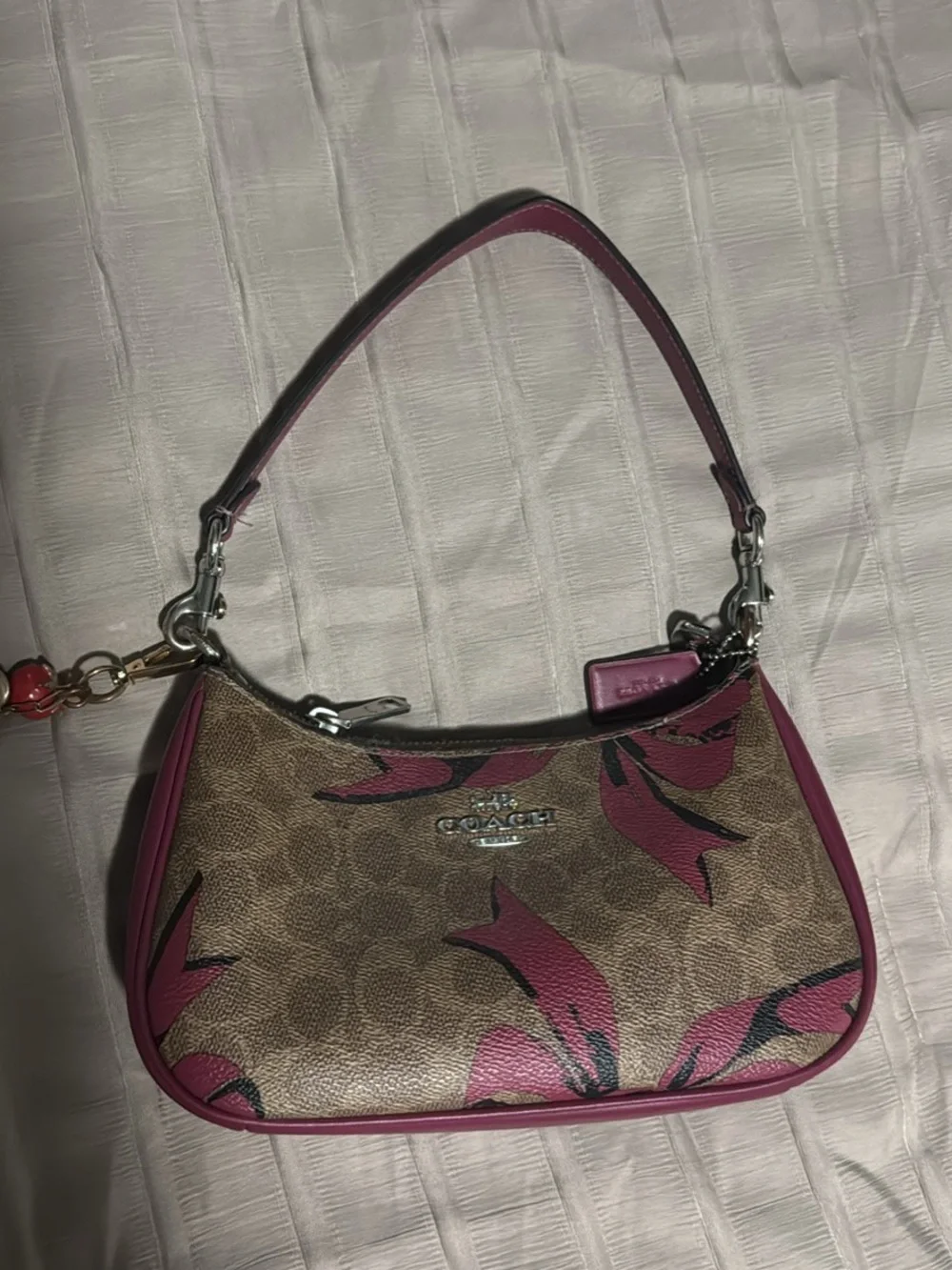 Coach Brown Signature Canvas Shoulder Bag with Pink Floral Accents